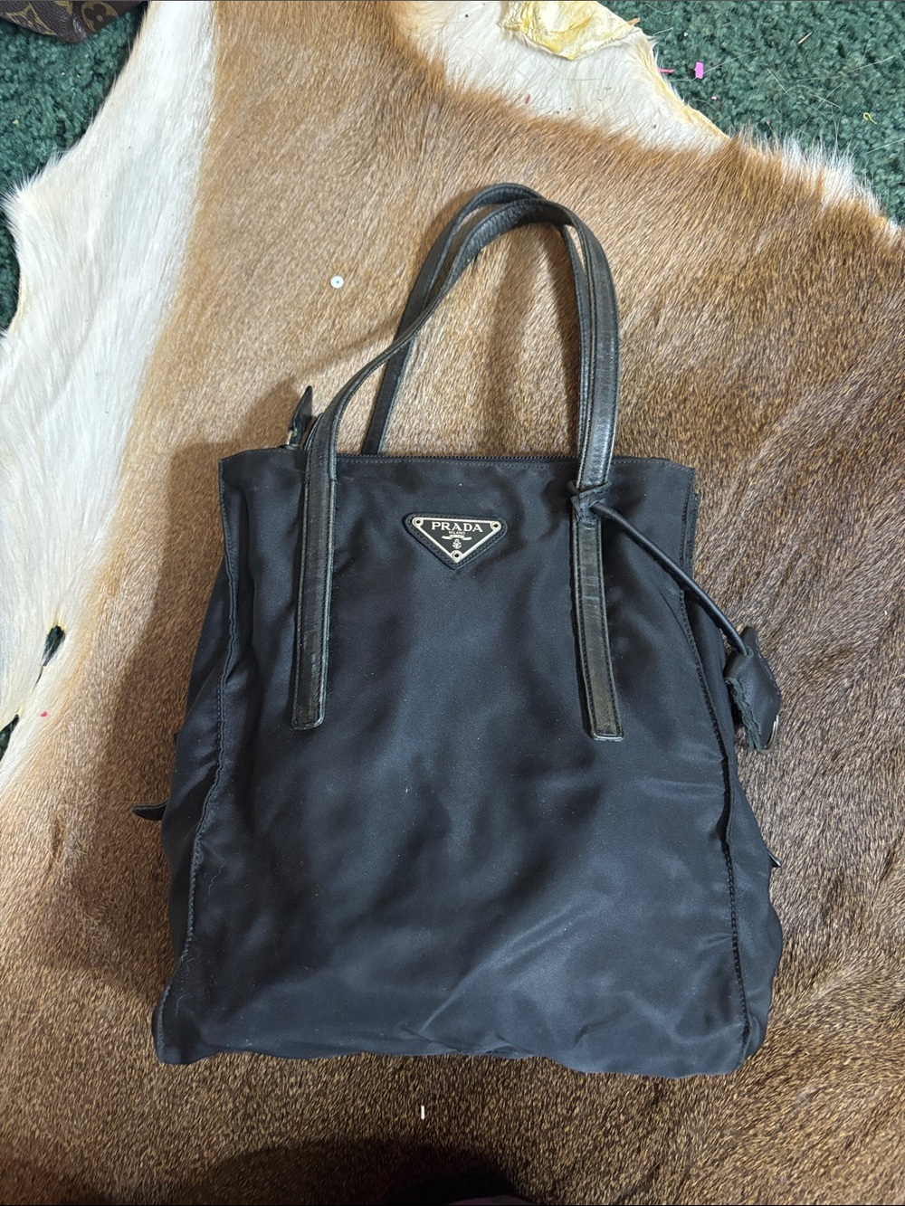 Vintage Prada Black Nylon Tote with Leather Handles and Logo Plaque